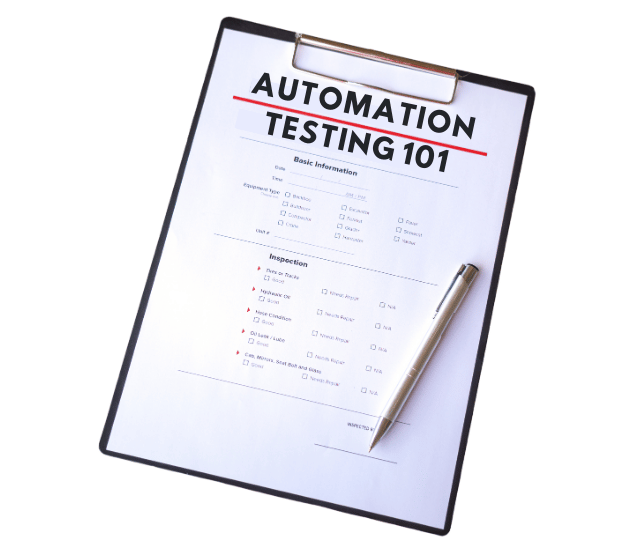 A clipboard with a document titled "AUTOMATION TESTING 101" and a silver pen resting on it