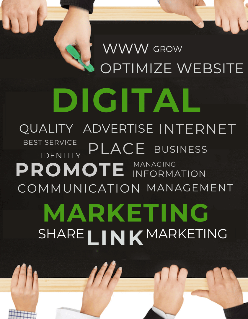 "A digital marketing word cloud written on a blackboard, highlighted by the words DIGITAL and MARKETING in large green text, with hands holding the top and bottom of the board.