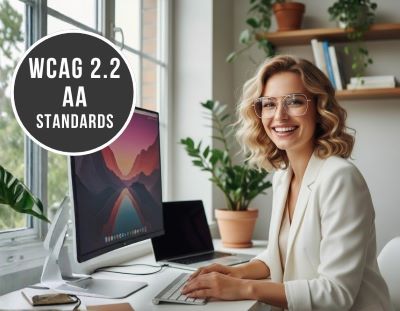 Smiling woman typing on a laptop with a "WCAG 2.2 AA STANDARDS" overlay