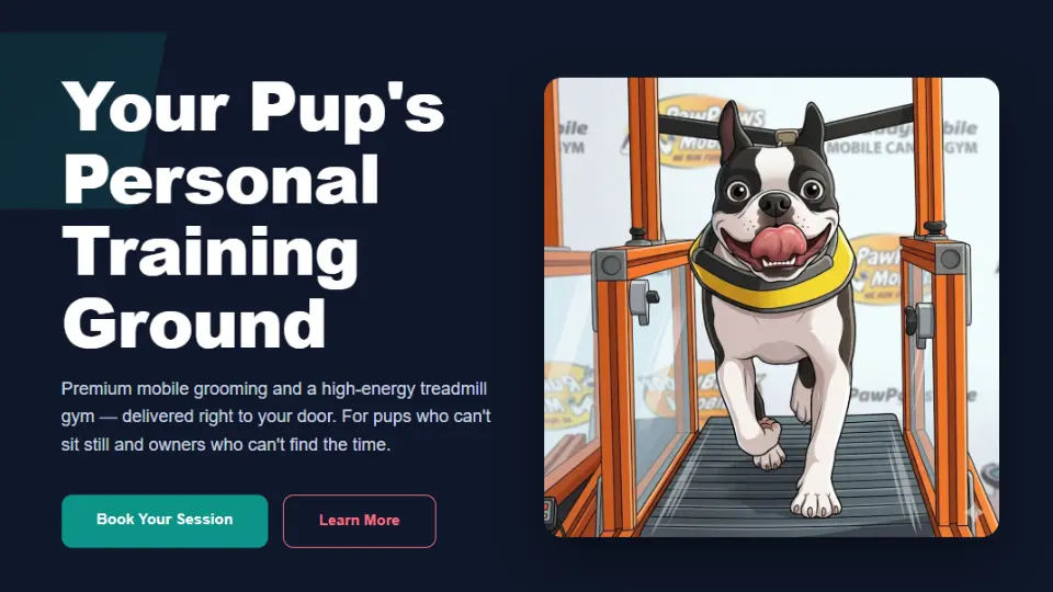 Sample hero section for a mobile dog grooming website with an illustrated Boston Terrier running on a treadmill