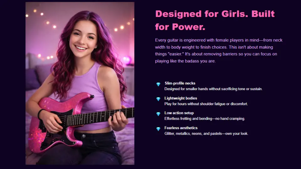 Sample hero section for a guitar brand website featuring a young woman holding a pink electric guitar