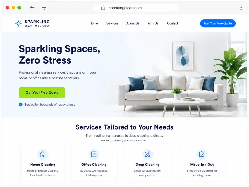Screenshot of a sample cleaning services website built on the DigiLime platform showing a hero section with a white sofa and blue