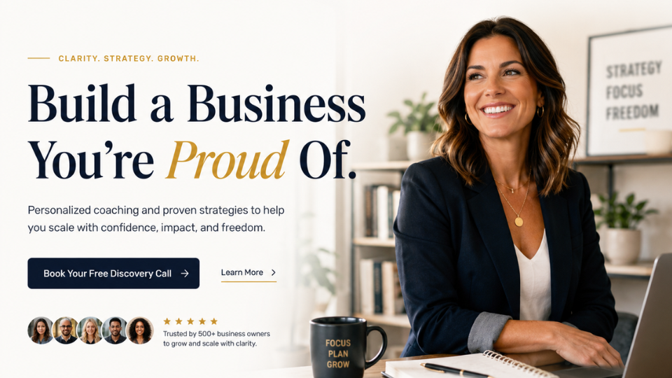 Sample hero section for a business coaching website featuring a woman in a blazer seated at a desk