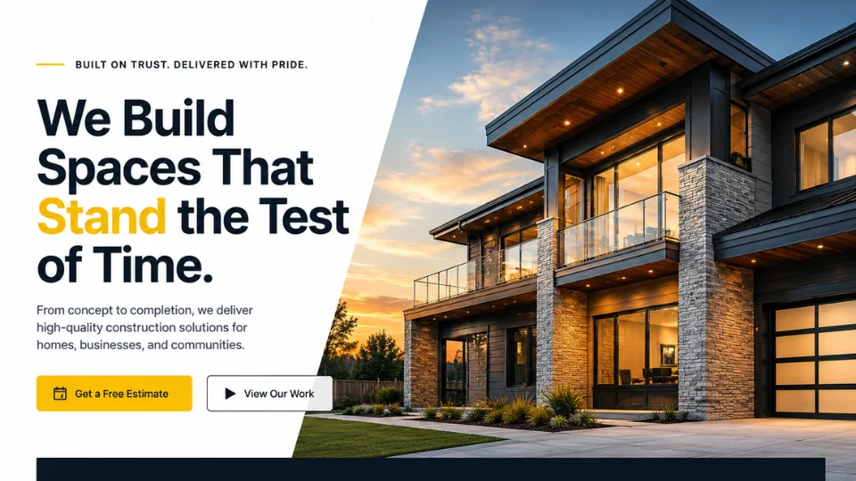 Sample hero section for a construction company website showing the exterior of a modern two-story home at dusk