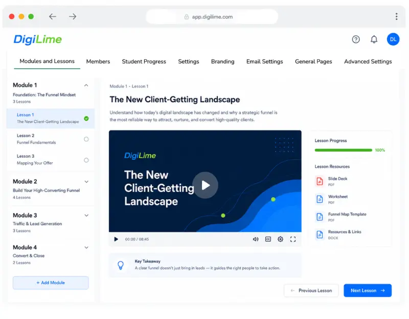 Screenshot of the DigiLime course platform showing a lesson page with a video player, module sidebar, lesson progress tracker, and downloadable resources