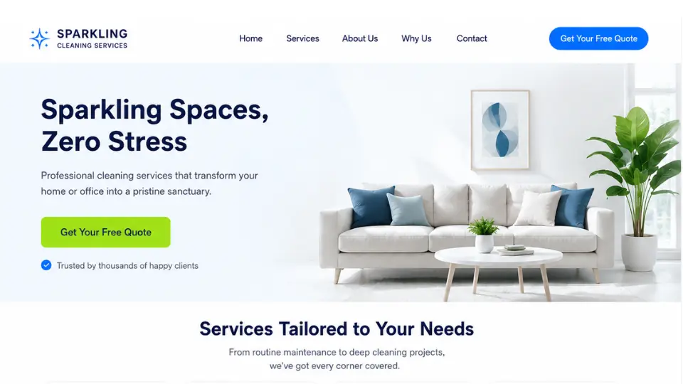 Sample hero section design for a cleaning services website featuring a clean living room with a white sofa and blue pillows