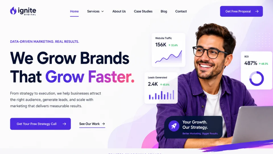 Sample hero section for a digital marketing agency website showing a smiling man with a laptop and performance stat overlays