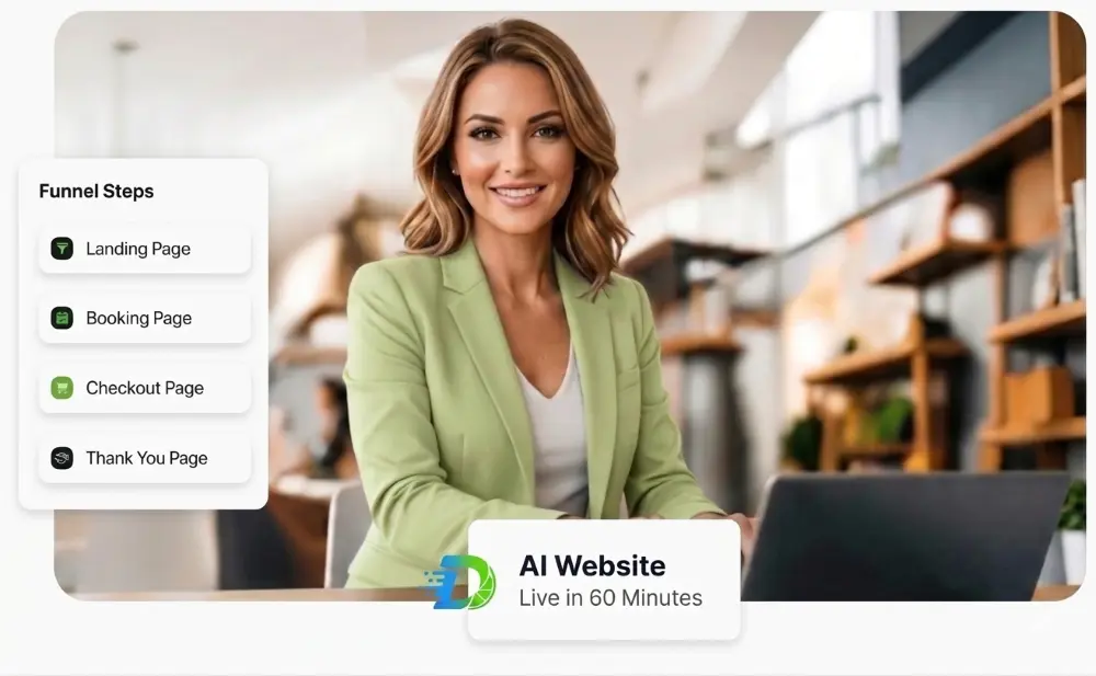 A professional woman in a navy blazer smiling at a wooden desk with a laptop, featuring digital user interface overlays for website funnel steps