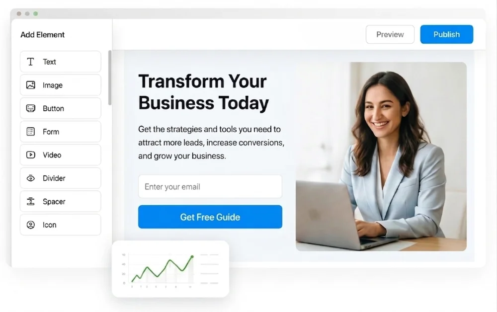DigiLime interface for a drag-and-drop website builder, showing an "Add Element" sidebar next to a landing page template that features an email opt-in form, a blue action button, and a portrait of a smiling businesswoman.